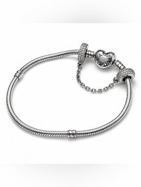 Authentic Pandora Heart Clasp Bracelet with Sparkling Pavé Safety Chain S925 ALE